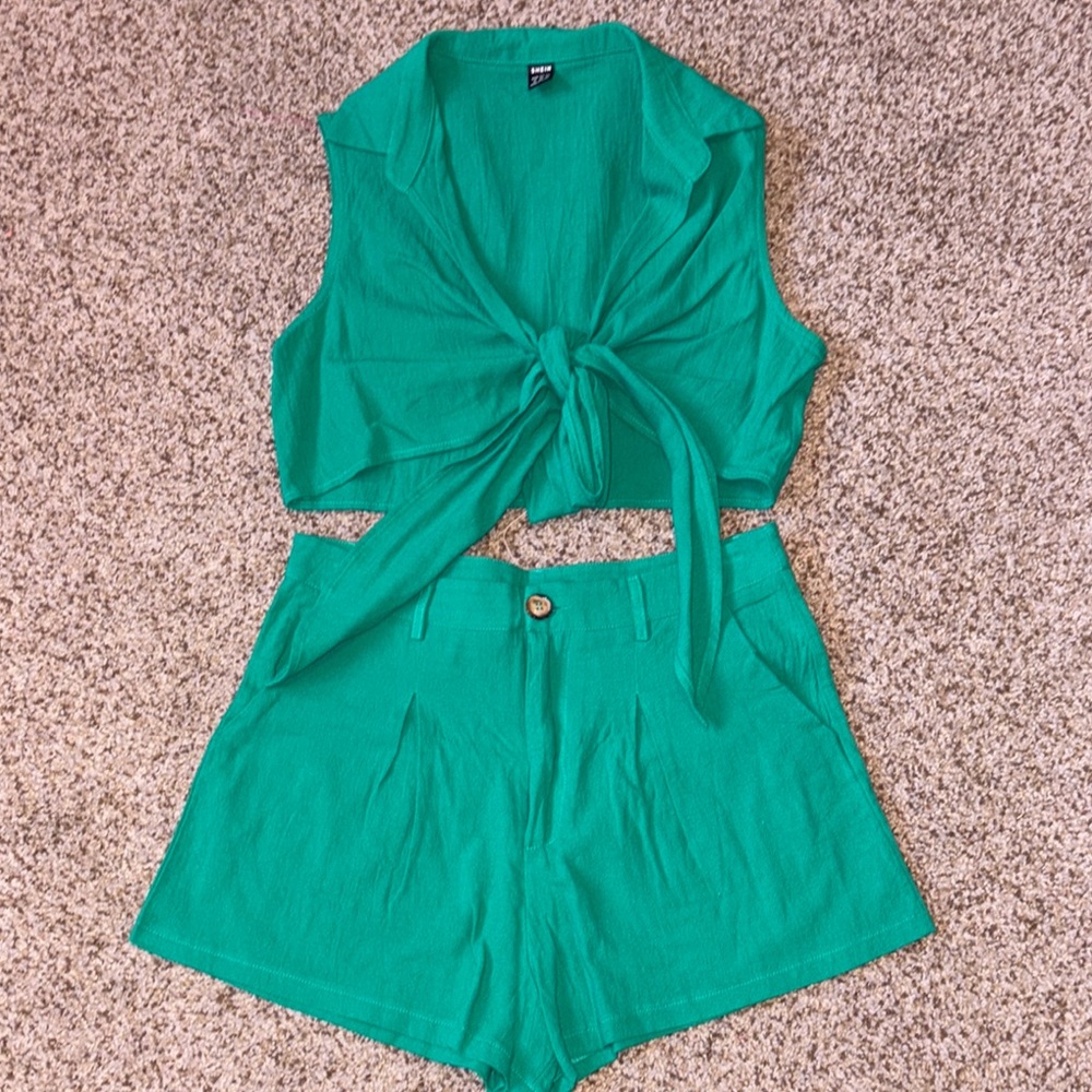 Green Tie-Front Crop Top and Shorts Set
